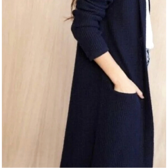 Jenni Kayne XS Waffle Knit CASHMERE $495 Wool Hooded Cardigan Sweater Coat Navy - Picture 4 of 8